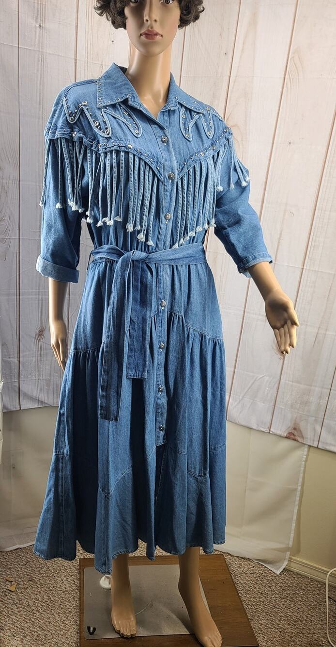 VTG PADO Western Fringe Midi Denim Dress Belt Silver-Tone Studs Cowgirl Small